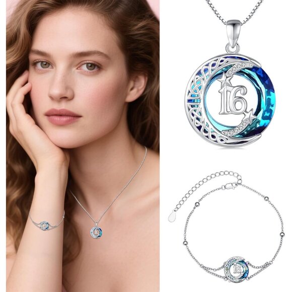 Sterling Silver Celtic Moon & Star Necklace with Blue Crystal for 16th Birthday - Picture 6 of 7